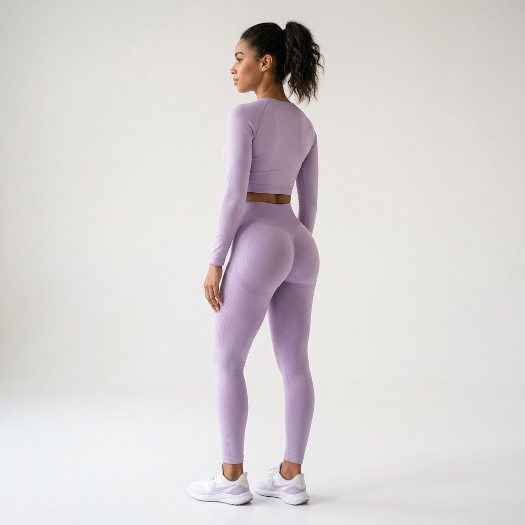 Hourglass female body gluteal BBL contour results representation showing curvy silhouette in lavender athletic wear